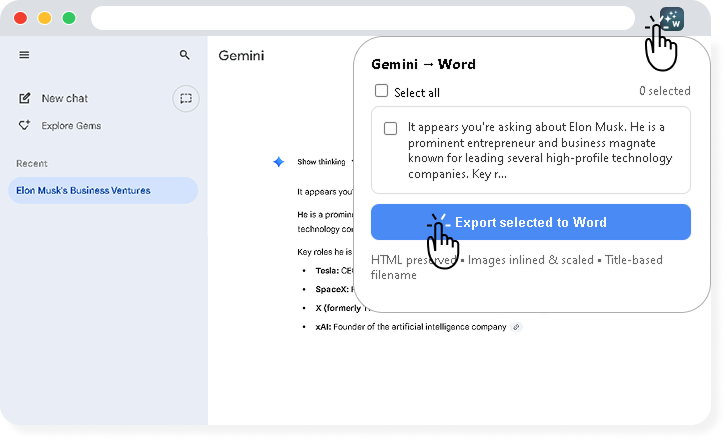 Gemini to Word extension interface showing export to Word documents with formatting options